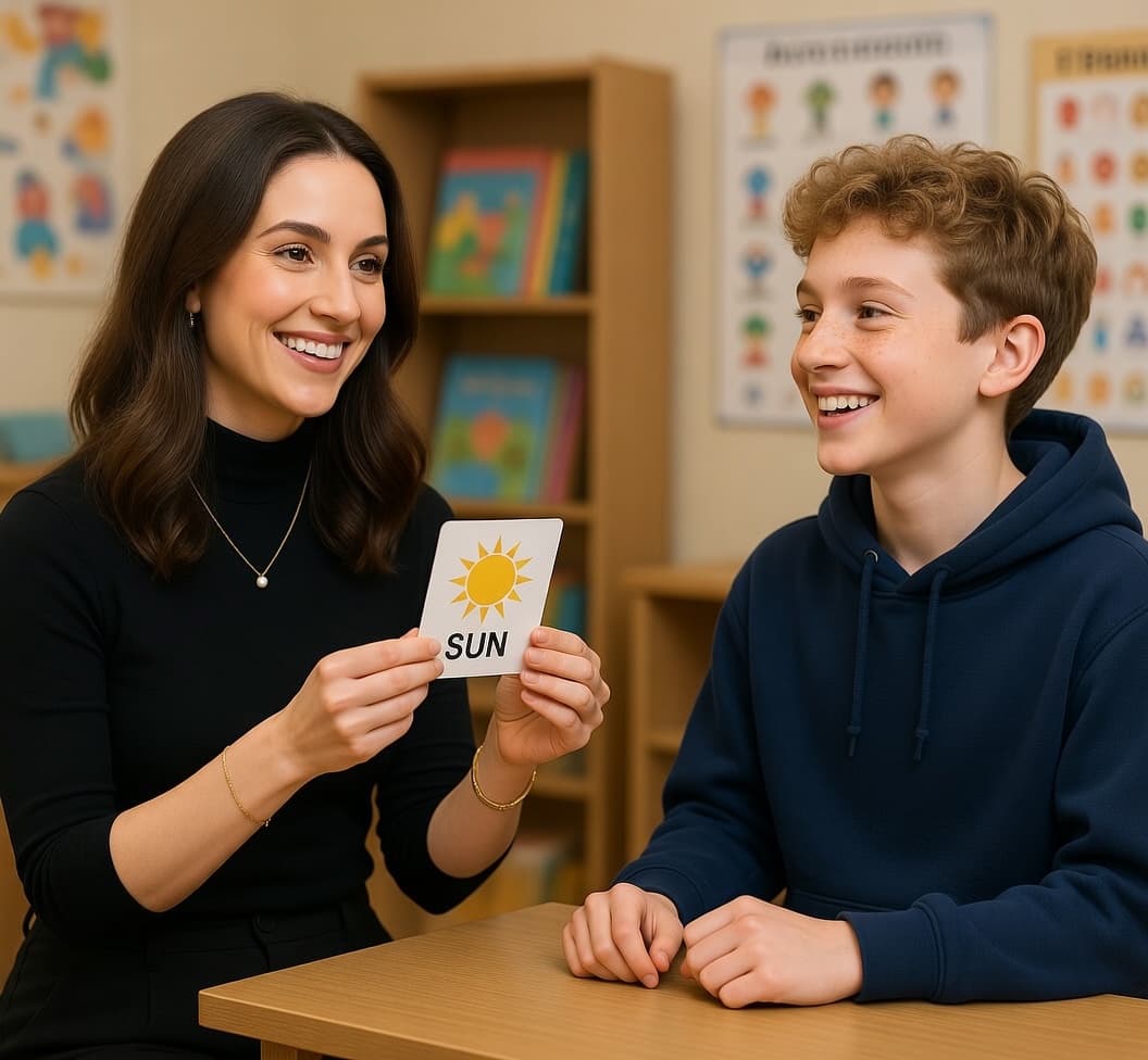 Emily helping a child with speech practice using flashcards